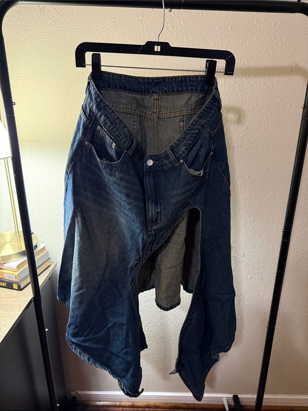 SHEIN Dark Blue Asymmetrical Denim Skirt with Front Cutout - Picture 3 of 16